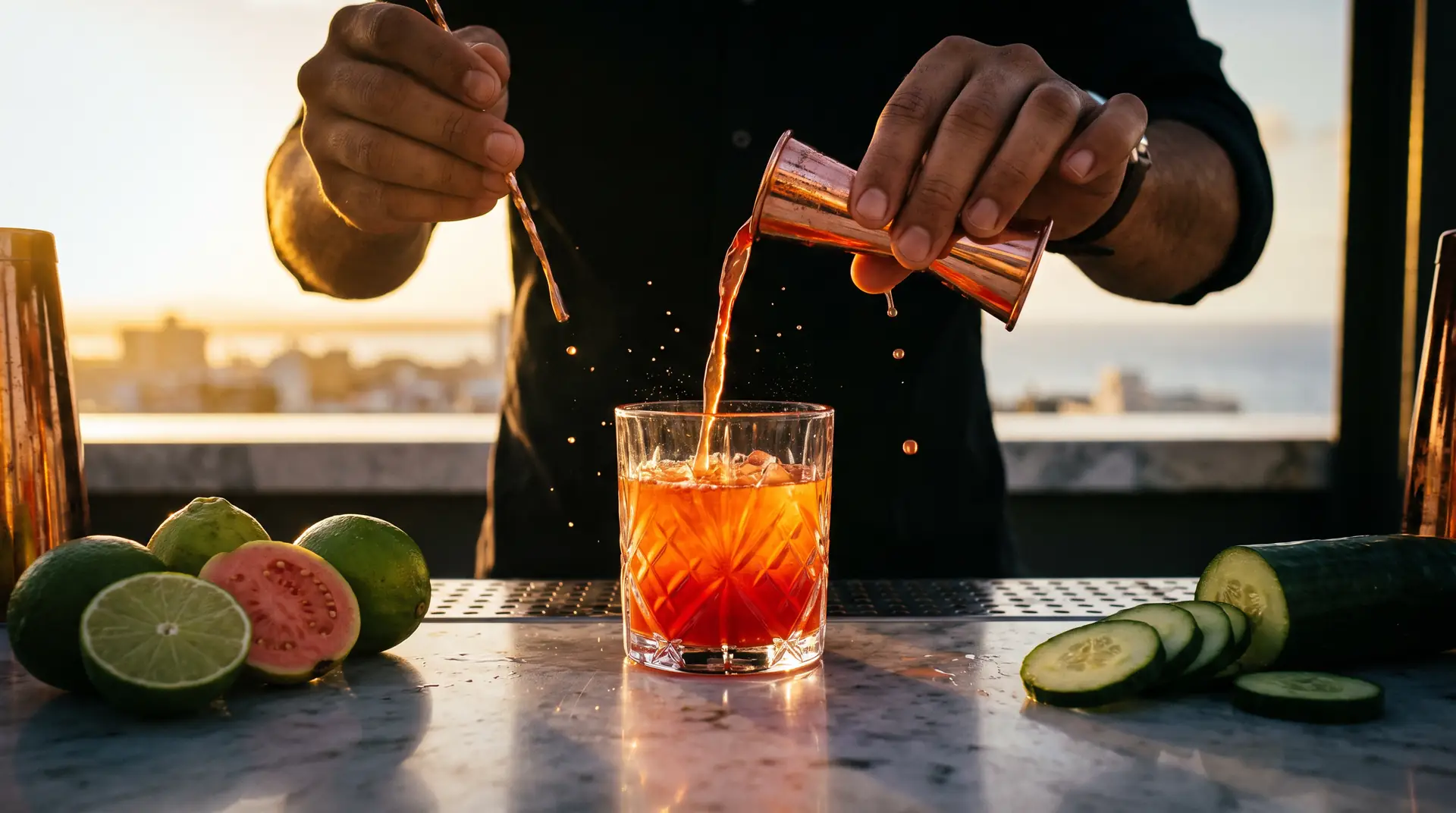 Bartender sirviendo un cóctel en la barra al atardecer