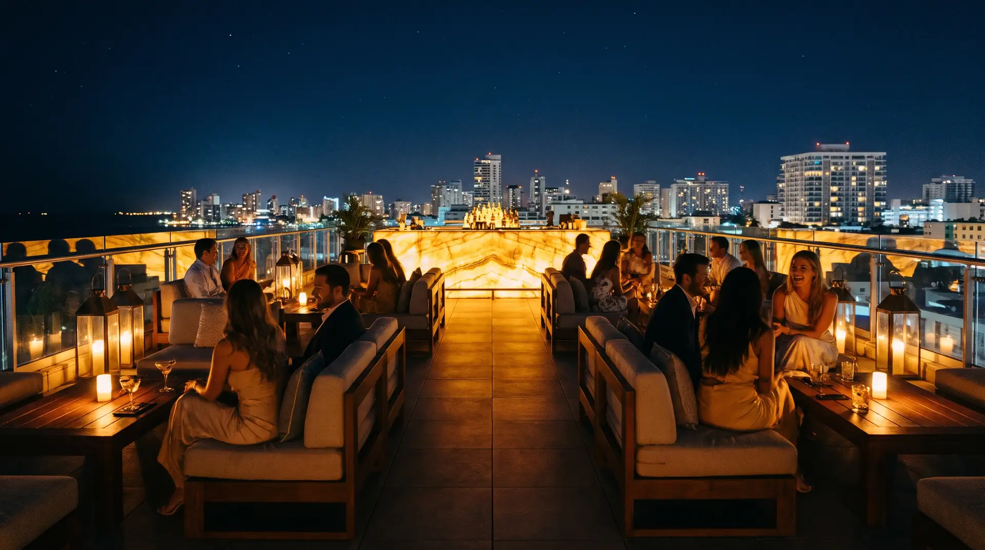 La azotea de noche llena de gente con la ciudad iluminada