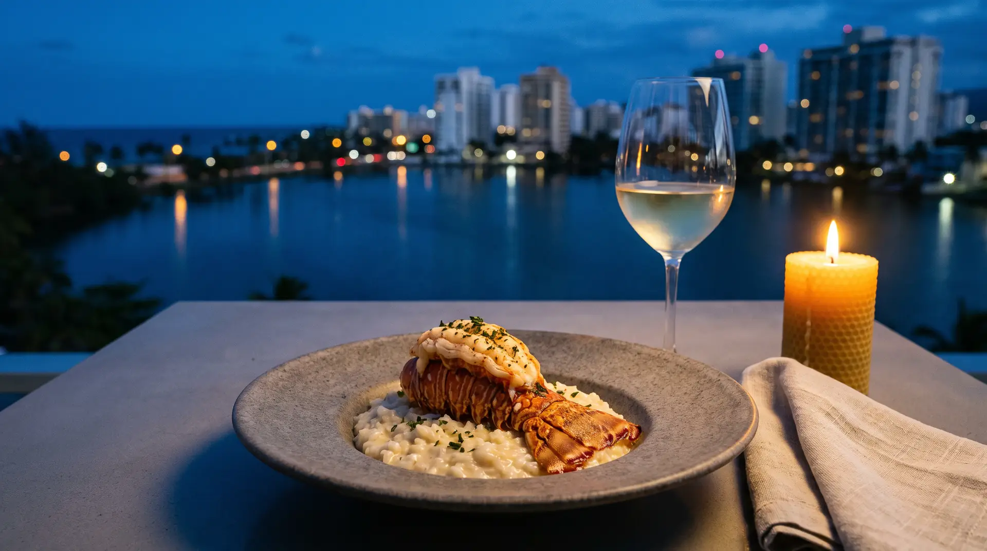 Risotto de langosta en la mesa con la laguna del Condado de fondo