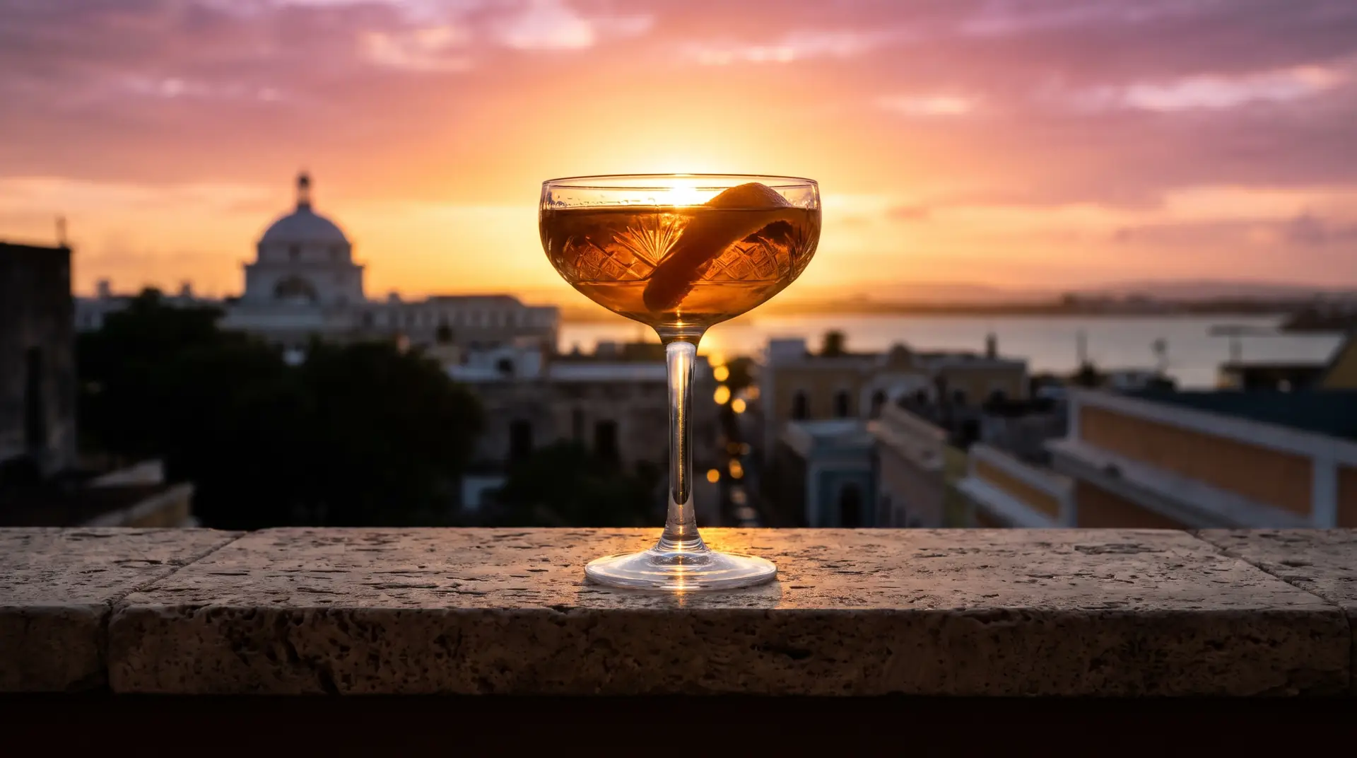 Cóctel de whisky en la baranda con el sol cayendo sobre el Viejo San Juan